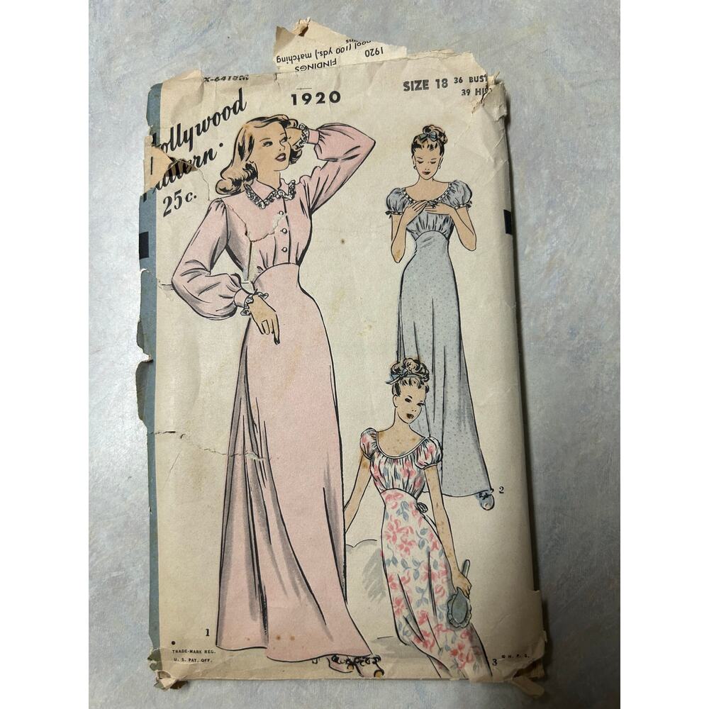 Vintage 1940's Hollywood Pattern #1920 Nightgown Lingerie Sleepwear Size 18